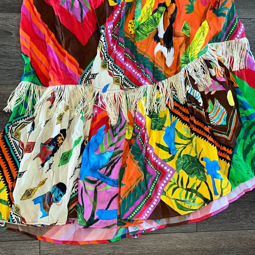 NWT Anthropologie Farm Rio Palila Fringed Midi Dress Women Small Multicolor